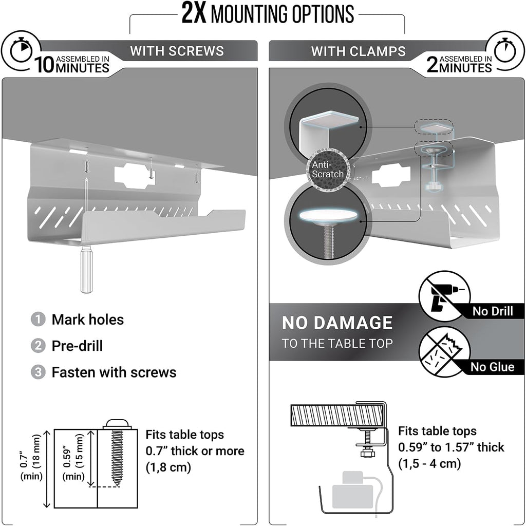 Under Desk Cable Management Tray no Drill – Wire Management - Cord Organizer – Huge Load Capacity – Under Desk Cable Tray no Drill (White, 2 Pieces Set)