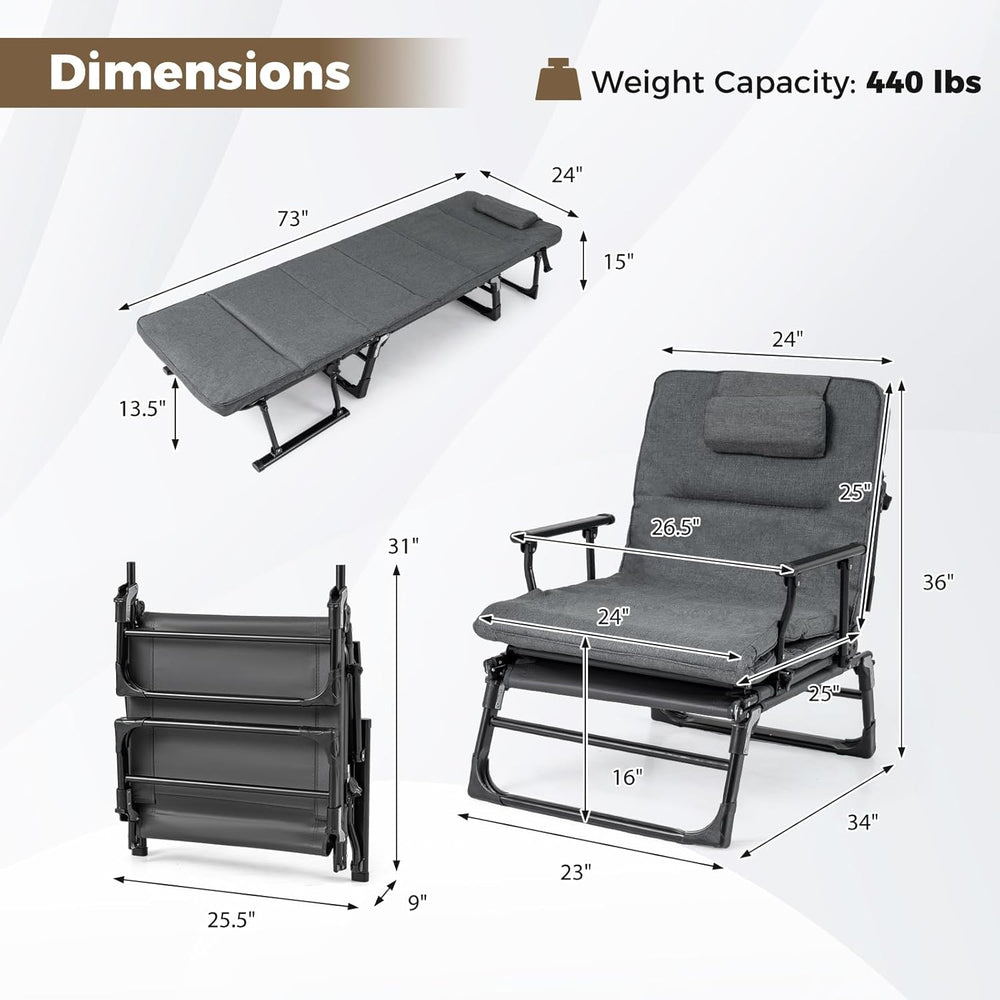 KOTEK Chaise Lounge Chair, 6-Position Folding Camping Cot with Padded Mattres...