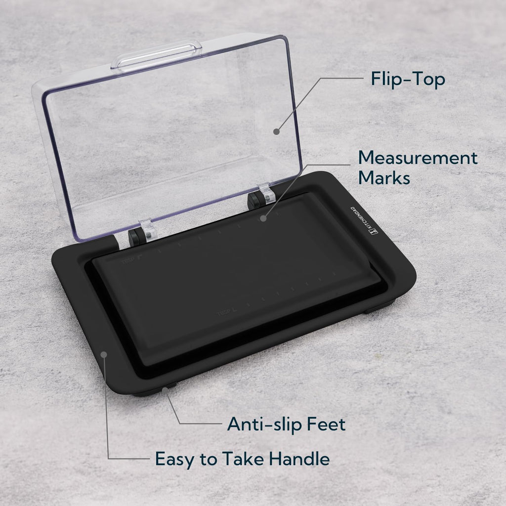 KITCHENDAO Airtight Flip-Top Butter Dish with Lid for Countertop and Refrigerator, Butter Keeper, Plastic Butter Holder Tray for 2 Sticks East Coast/West Coast/European Style/ Kerrygold Butter (Black)