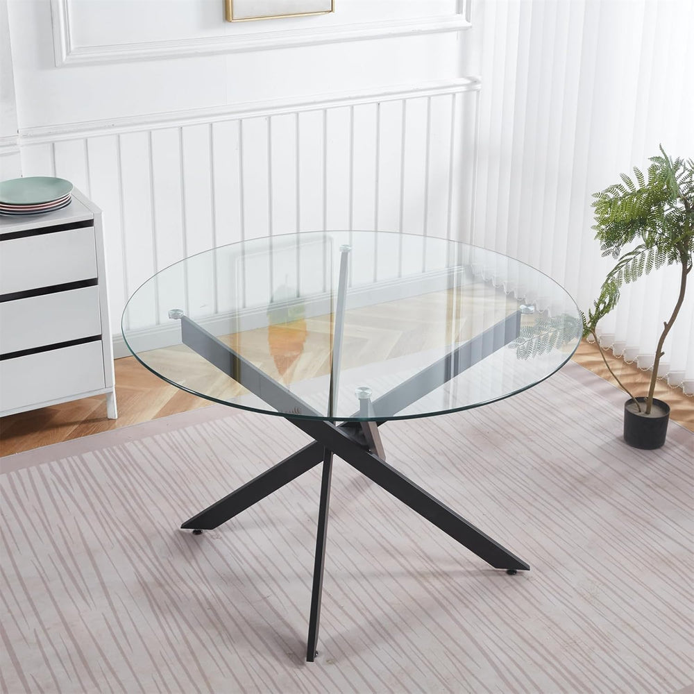 Henf 47.24" Round Dining Table with Black Metal Legs, Glass Kitchen Tabl...