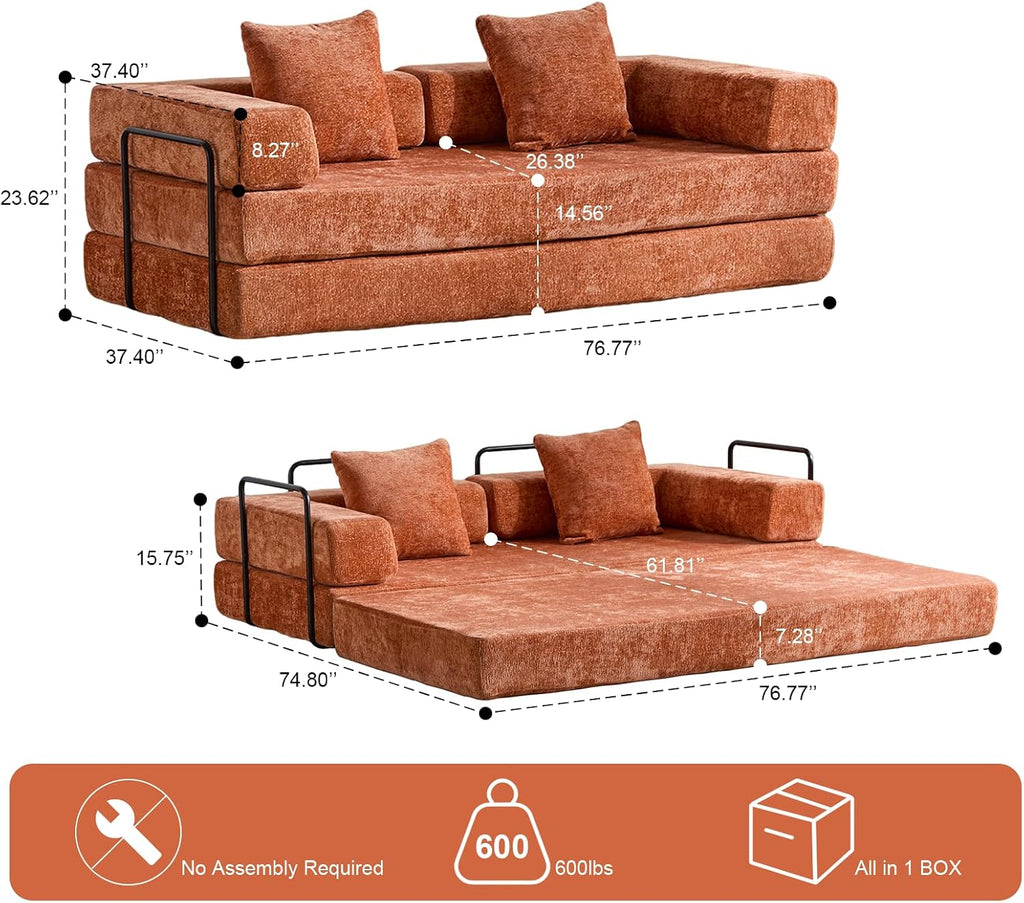 ZEIINPA Convertible Floor Sofa Bed with Fixed-Shape Frame, Modular Chenille Folding Mattress Couch with Armrest, Floor Sofa Lounge Couch for Living Room Bedroom Lounge Studio,Burnt Orange