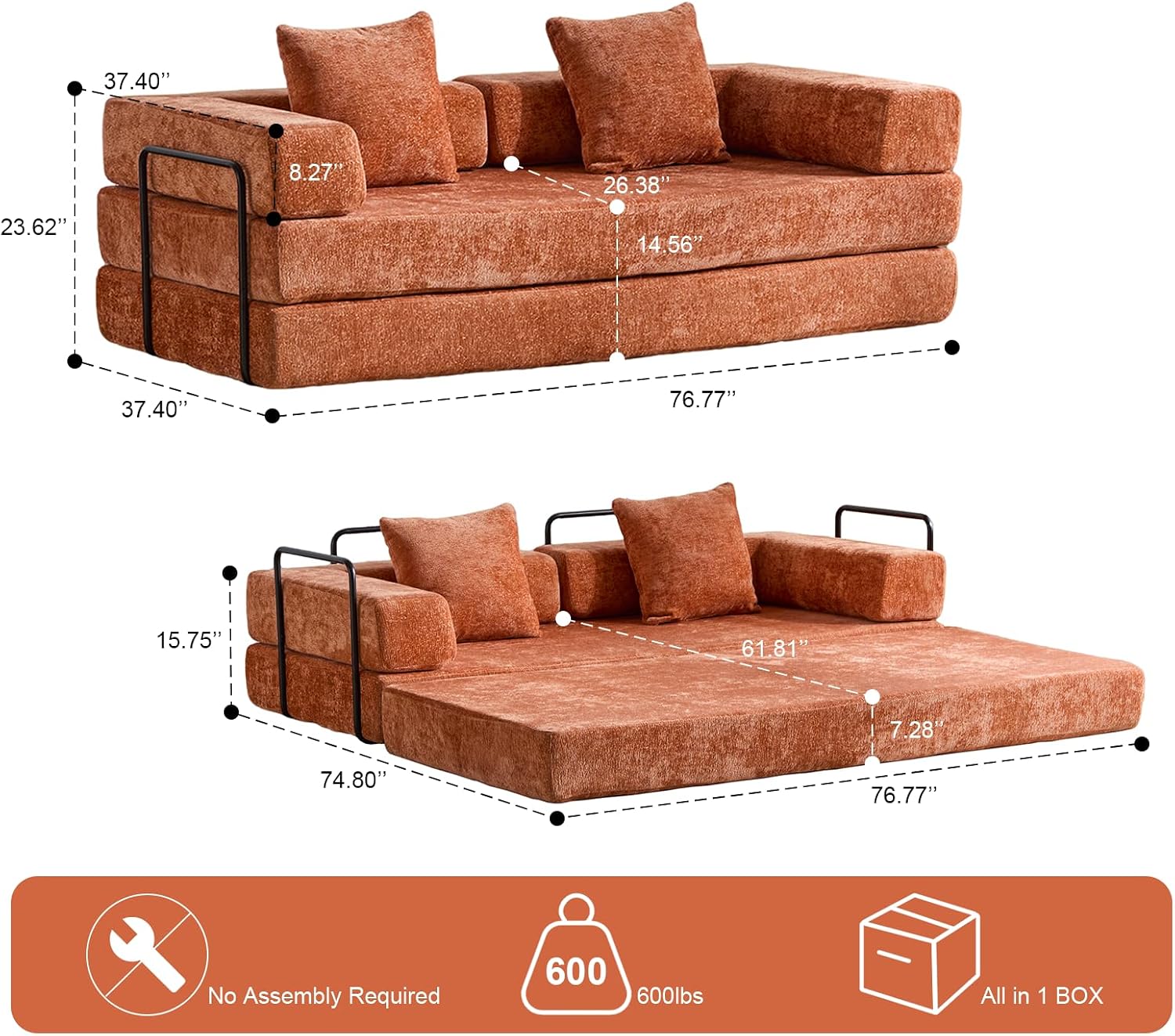 ZEIINPA Convertible Floor Sofa Bed with Fixed-Shape Frame, Modular Chenille Folding Mattress Couch with Armrest, Floor Sofa Lounge Couch for Living Room Bedroom Lounge Studio,Burnt Orange