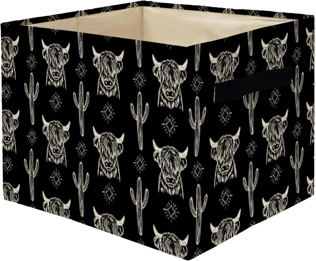 Highland Cow Western Storage Bins Box, Toybox for Boys Girls, Vintage Western Cactus Cow Foldable Storage Baskets Organizer for Bedroom Bathroom Kids Room Dorm Clothes Toys Books