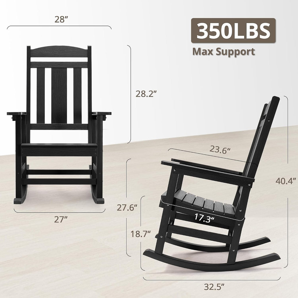 LUE BONA Rocking Chair Outdoor, Weather Resistant Poly Plastic Rocker Chairs, 350lb Heavy Duty, Oversized Porch for Adult, High Back Smooth Chairs Outdoor & Indoor, Black