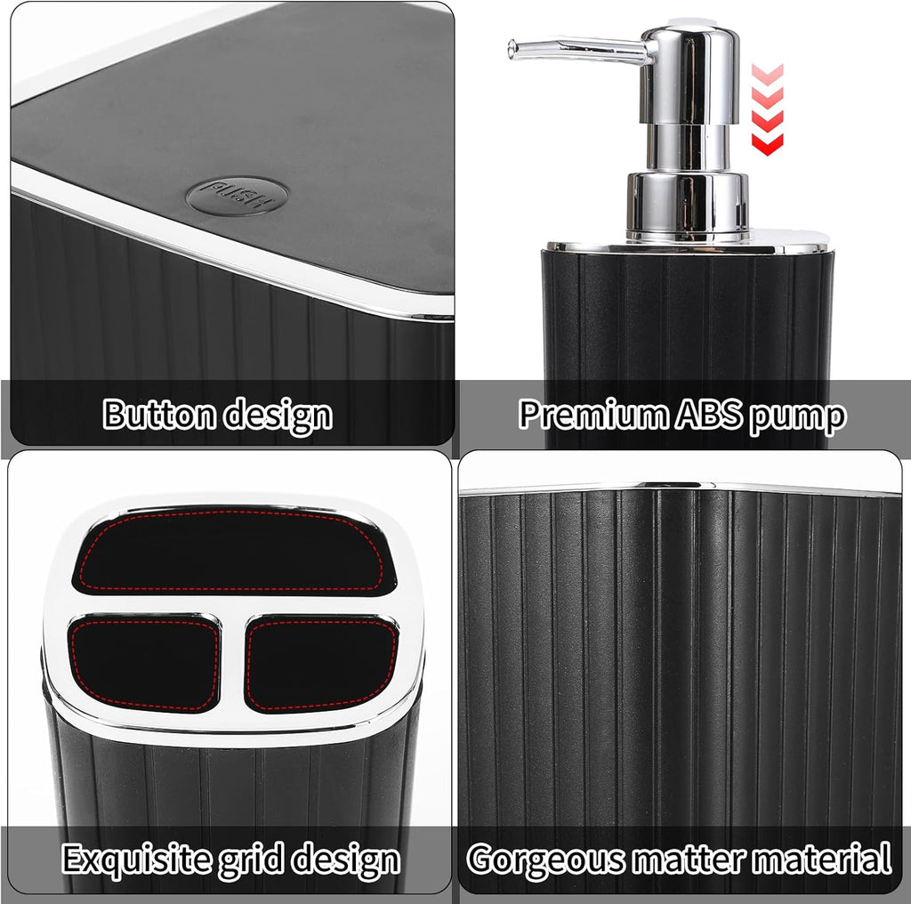 Bathroom Accessories Set - Gorgeous Bathroom Set, 10PC Black Bathroom Accessory Set, Toilet Brush, Trash Can, Qtip Holder Dispenser & Soap Dispenser