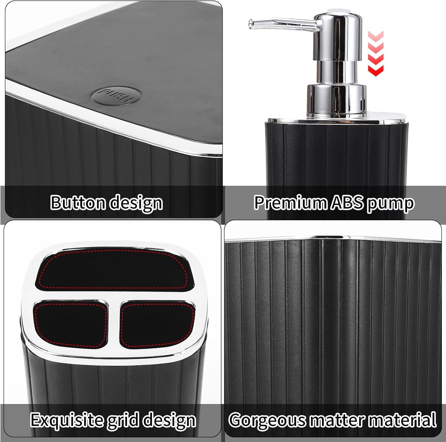Bathroom Accessories Set - Gorgeous Bathroom Set, 10PC Black Bathroom Accessory Set, Toilet Brush, Trash Can, Qtip Holder Dispenser & Soap Dispenser