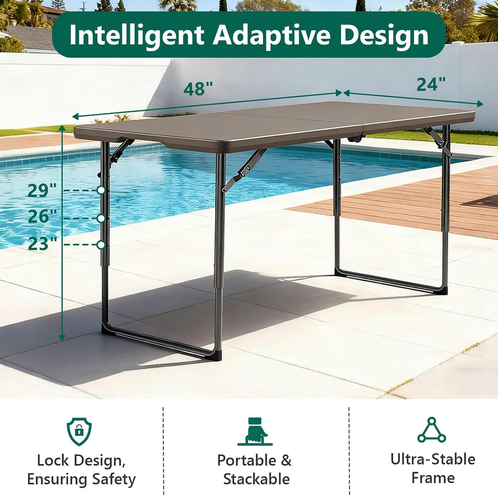 Folding Table 4ft - Heavy Duty Fold-in-Half Plastic Table with Adjustable Hei...