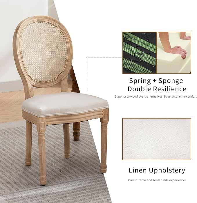 French Country Dining Chairs Set of 2, Cream Kitchen & Dining Room Chairs Set of 2, Ivory Rattan Dining Chairs, Cane Back, Wood Legs, Sillas De Comedor (Rattan, Beige, 2Pcs)