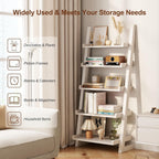 Wooden Ladder Shelf, Ladder Bookshelf, Short Ladder Shelf with Stable Structure, Leaning Bookshelf Ladder for Living Room, Bedroom, Home Office, 55.1" H (White)