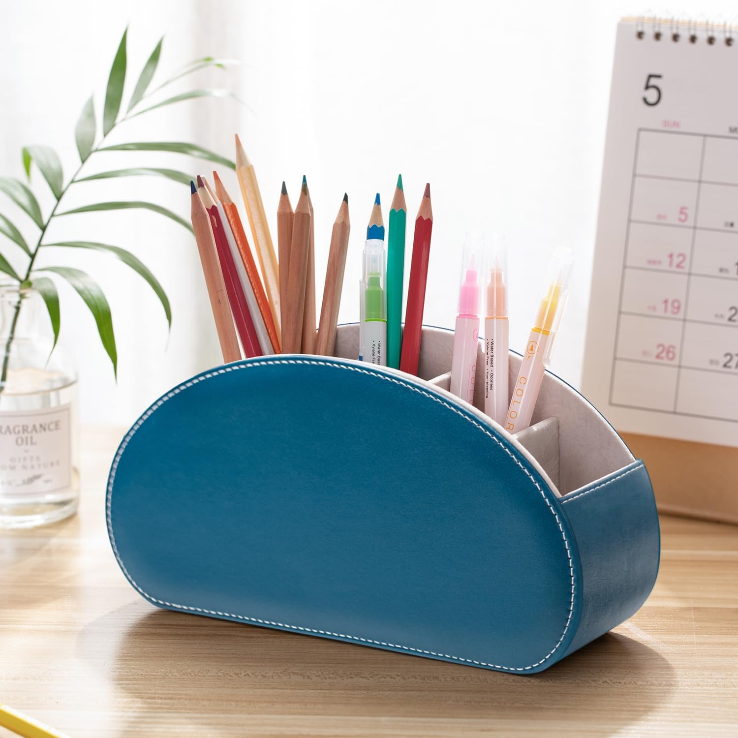 Remote Control Holders Organizer Box with 5 Compartment PU Leather Multi-functional Office Desk Storage Caddy Store Tv Remote for Media Player,Brush,Pencil,Glassees&Office Supplies (Peacock Blue)