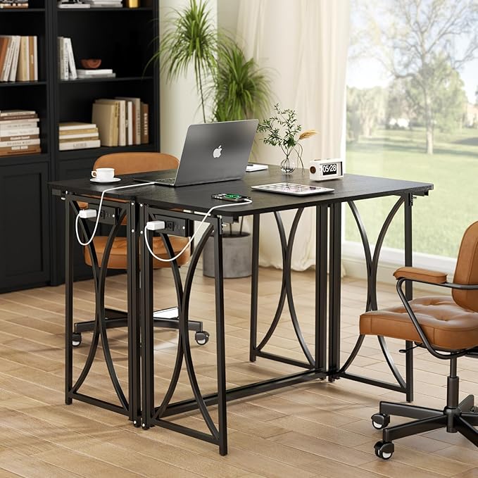 Folding Desk, 31.5" Small Desk for Bedroom with Power Outlet, Space Saving Foldable Computer Desk for Home Office, Easy Assembly, Black