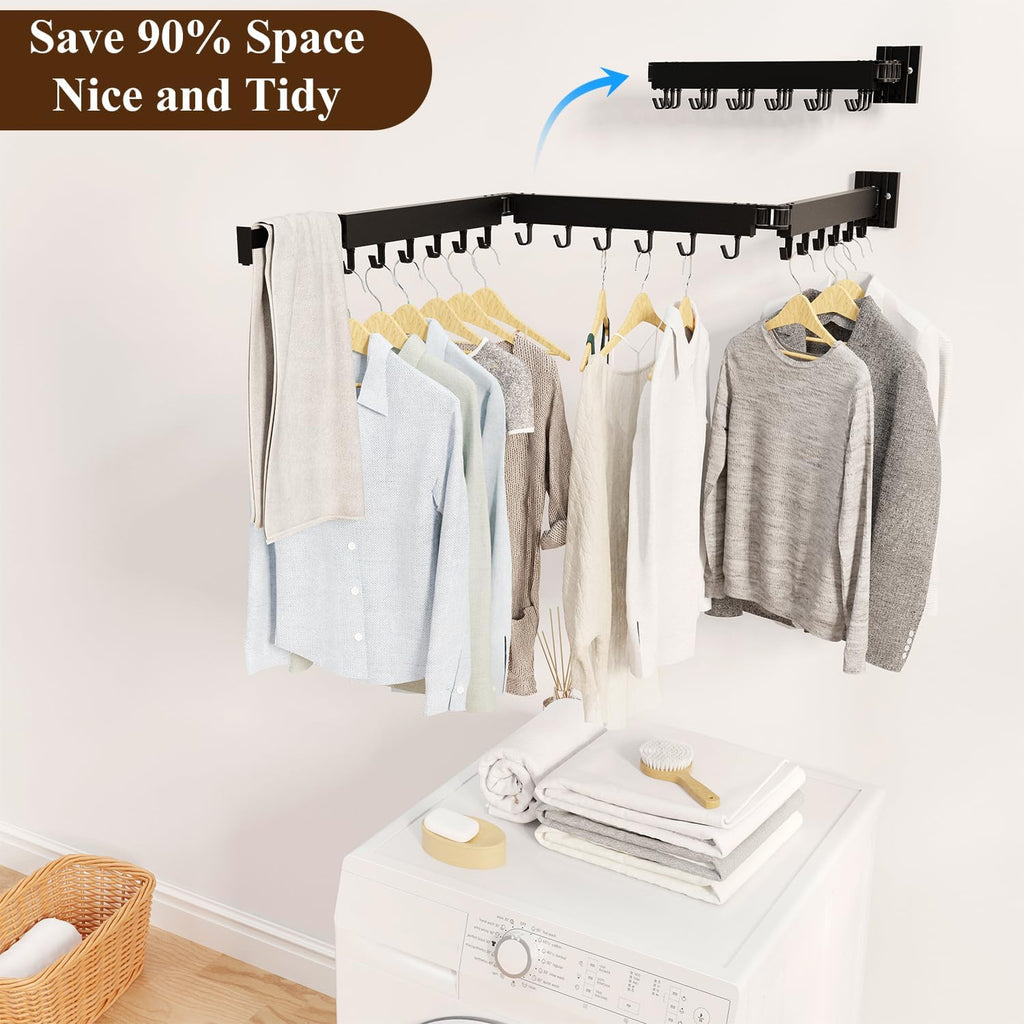 SVELTHOME Clothes Drying Rack Wall Mounted, Foldable Laundry Drying Rack,Retractable Tri-Fold Space Saver for Laundry Room Bathroom (Black)