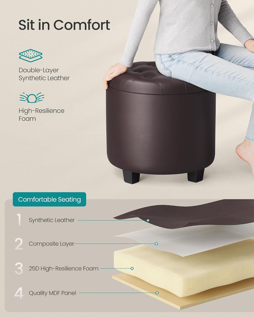 SONGMICS Round Ottoman, Ottoman with Storage, 17.7 x 17.7 x 17.5 Inches, Foot...