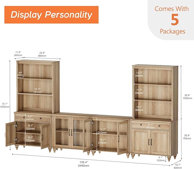 WAMPAT Entertainment Center with Bookshelves for TVs up to 75", Farmhouse Wall Unit TV Stand with Glass Doors & Drawer, Media Console Table for Living Room, Bedroom & Home Theater, Oak