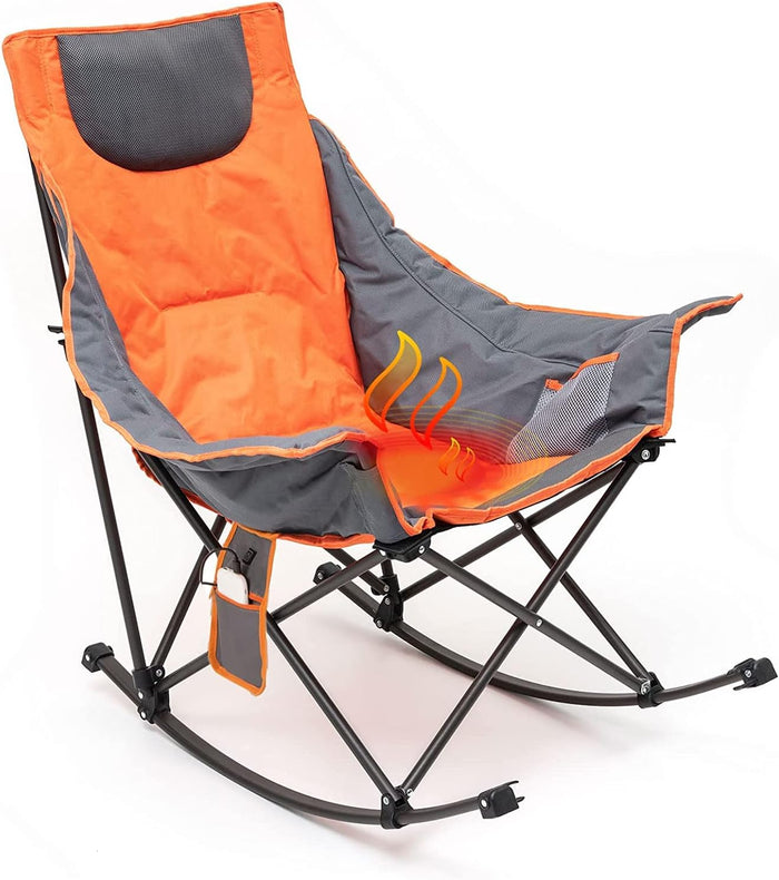 SUNNYFEEL Oversized Heated Rocking Camping Chair, Fully Padded Patio Chair with Side Pocket, High Back Portable Lawn Recliner with Carry Bag, Outdoor Rocker Camp Chair for Adults Heavy Duty 500 LBS