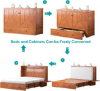 BALUS Murphy Cabinet Bed, Murphy Bed with Spacious Drawers,Queen Foldable Murphy Chest Bed with USB Charging Station for Living Room Apartment Bedroom,Cherry