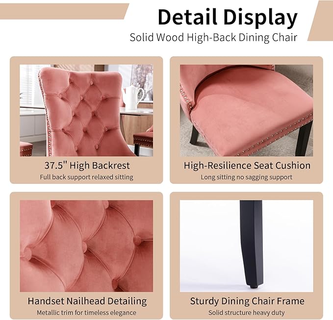 Modern Dining Chairs Set of 6, Tufted Upholstered Dining Chair with Solid Wood Legs, Pink Velvet Accent Chair, Sillas de Comedor, 6 Dining Chairs (Pink, Velvet, 6Pcs)