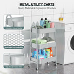 EAGMAK 3 Tier Utility Rolling Cart, Metal Storage Cart with Handle and Lockable Wheels, Multifunctional Storage Organizer Trolley with Mesh Baskets for Kitchen, Living Room, Office, Garage (Grey)