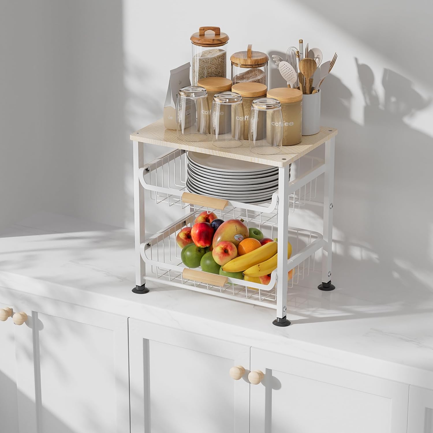 3-Layer Kitchen Fruit Storage Basket Snack Rack, countertop Storage Rack, Stackable Storage Rack with Desktop, Pull-Out Hollow Metal Storage Basket with Handle, Kitchen Organizers & Storage
