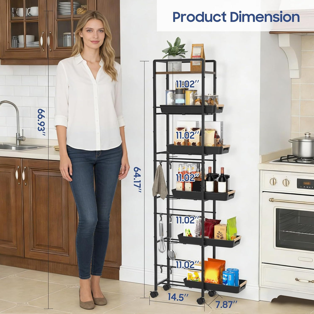 6 Tier Slim Storage Cart with Pull-Out Baskets Rolling Cart with Wheels Wood ...
