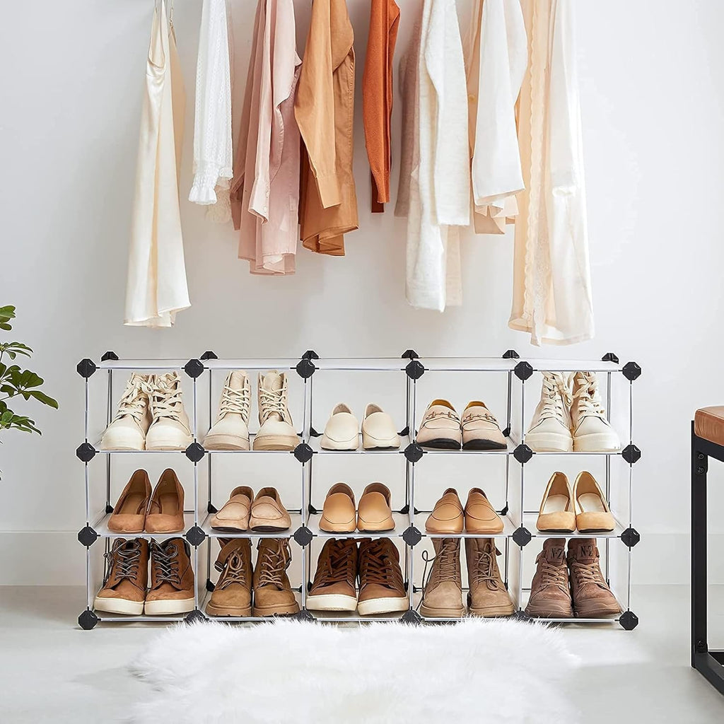 SONGMICS Shoe Rack with 16 Cubes, Interlocking Plastic Shoe Organizer, DIY Storage Cabinet for Closet Entryway Bedroom Garage, Space Saving Design, 12 x 35.1 x 27.2 Inches, Transparent ULPC445W02