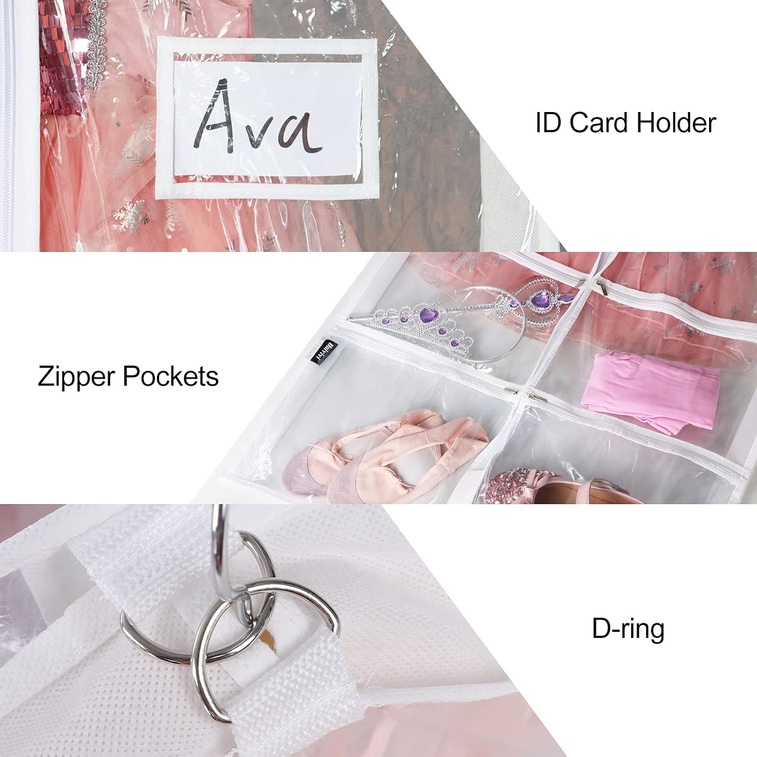 Univivi Clear PVC Dance Costume Bags Garment Bag 40 Inch for Dance Competitions, with 4 Medium Clear Zipper Pockets and 1 Large Back Zippered Pocket (Clear) | Breathable Fabric, PVC Window, 4 Clear and 1 Back Zip Pocket, Foldable Dance Costume Bag, for