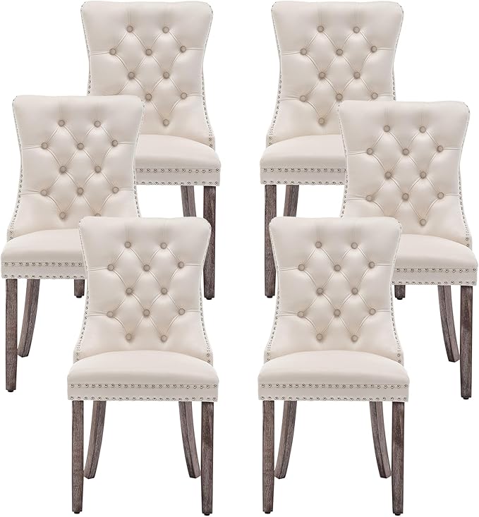 Kiztir Velvet Dining Chairs Set of 6, Upholstered Dining Room Chairs with Ring Pull Trim and Nailhead Trim, Luxury Tufted Dining Chairs for Living Room, Bedroom, Kitchen (Beige)