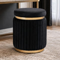 Round Vanity Stool Ottoman, Black | Velvet Upholstered, Small Foot Stool with Gold Trim, Stainless Steel Base, For Bedroom, Living Room, Entryway