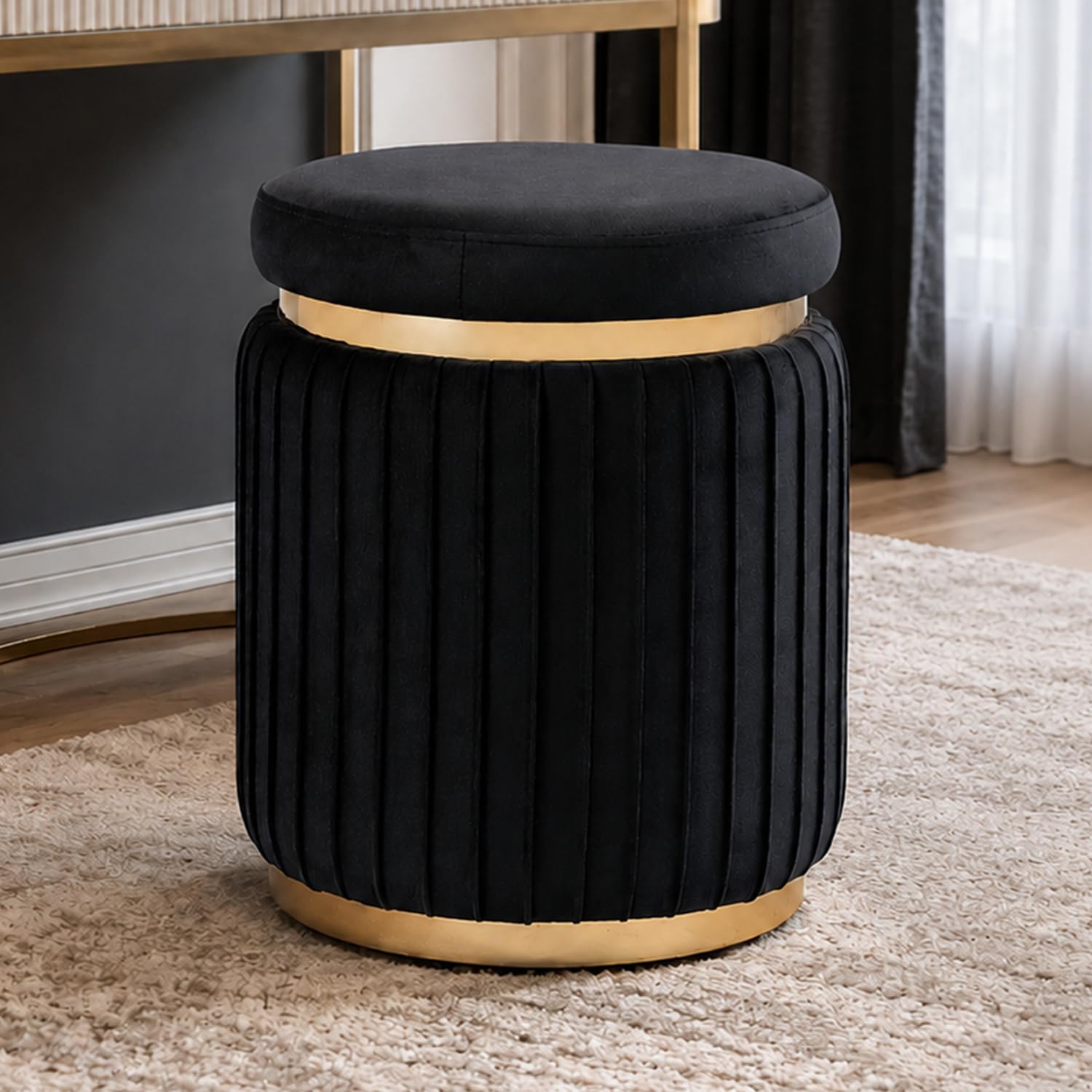 Round Vanity Stool Ottoman, Black | Velvet Upholstered, Small Foot Stool with Gold Trim, Stainless Steel Base, For Bedroom, Living Room, Entryway