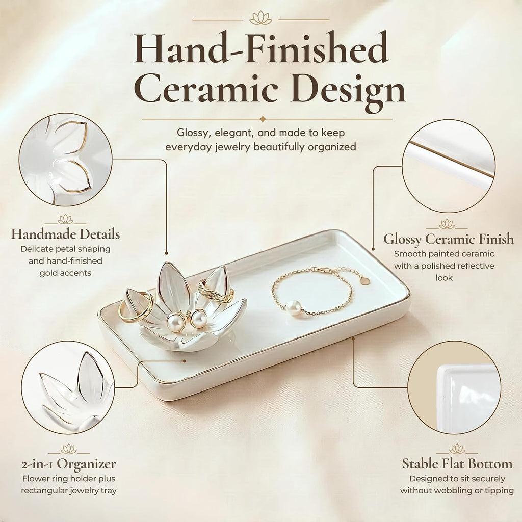 Mystic Touch Ceramic Jewelry Dish with Flower Ring Holder [Golden Trim]