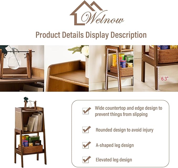 Welnow Bamboo Rattan Bookcase with Cabinet, 1-Tier Storage Shelf with Side Ta...