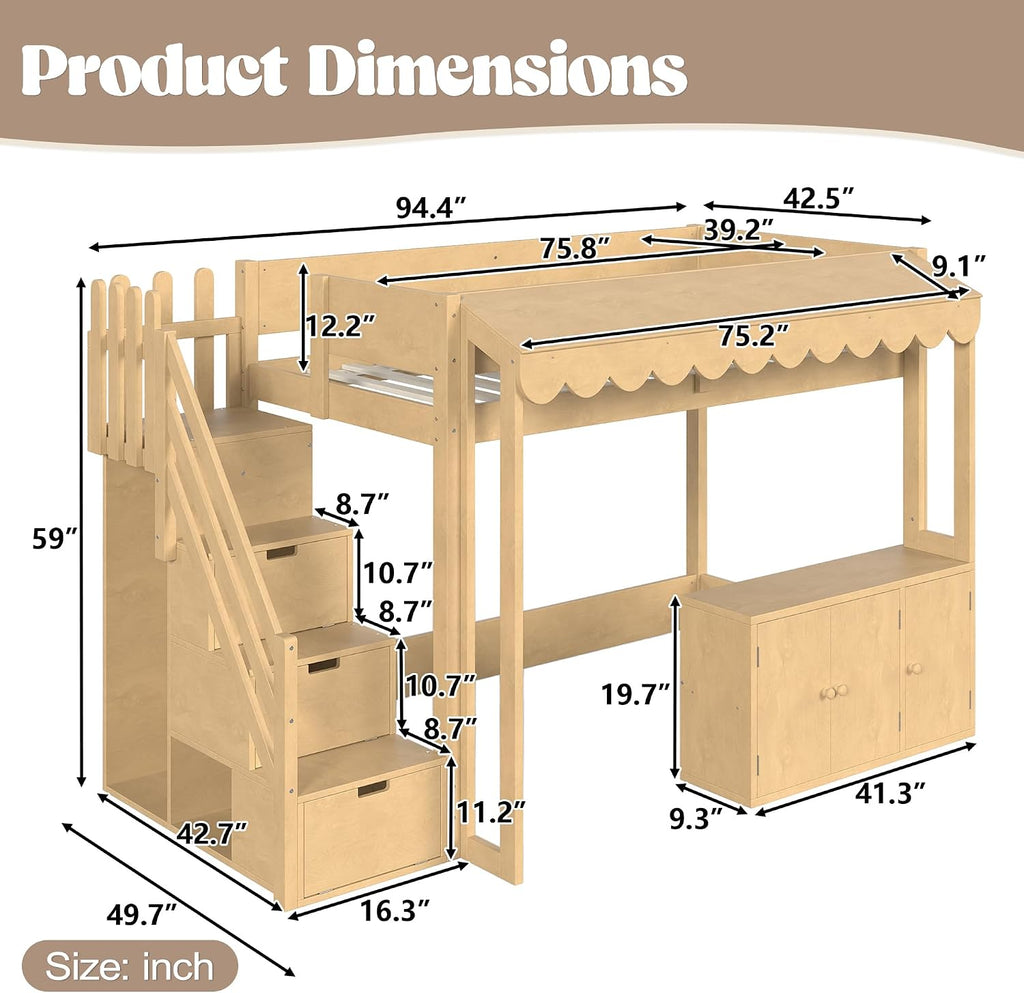 Twin Size Wood Loft Bed with Storage Stairs and Pretend Store Counter (Twin)