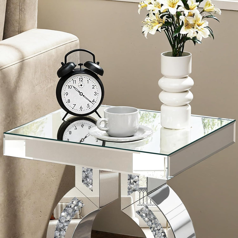 Crushed Diamond Mirrored End Table, Silver Side Accent Table, Small Mirrored ...
