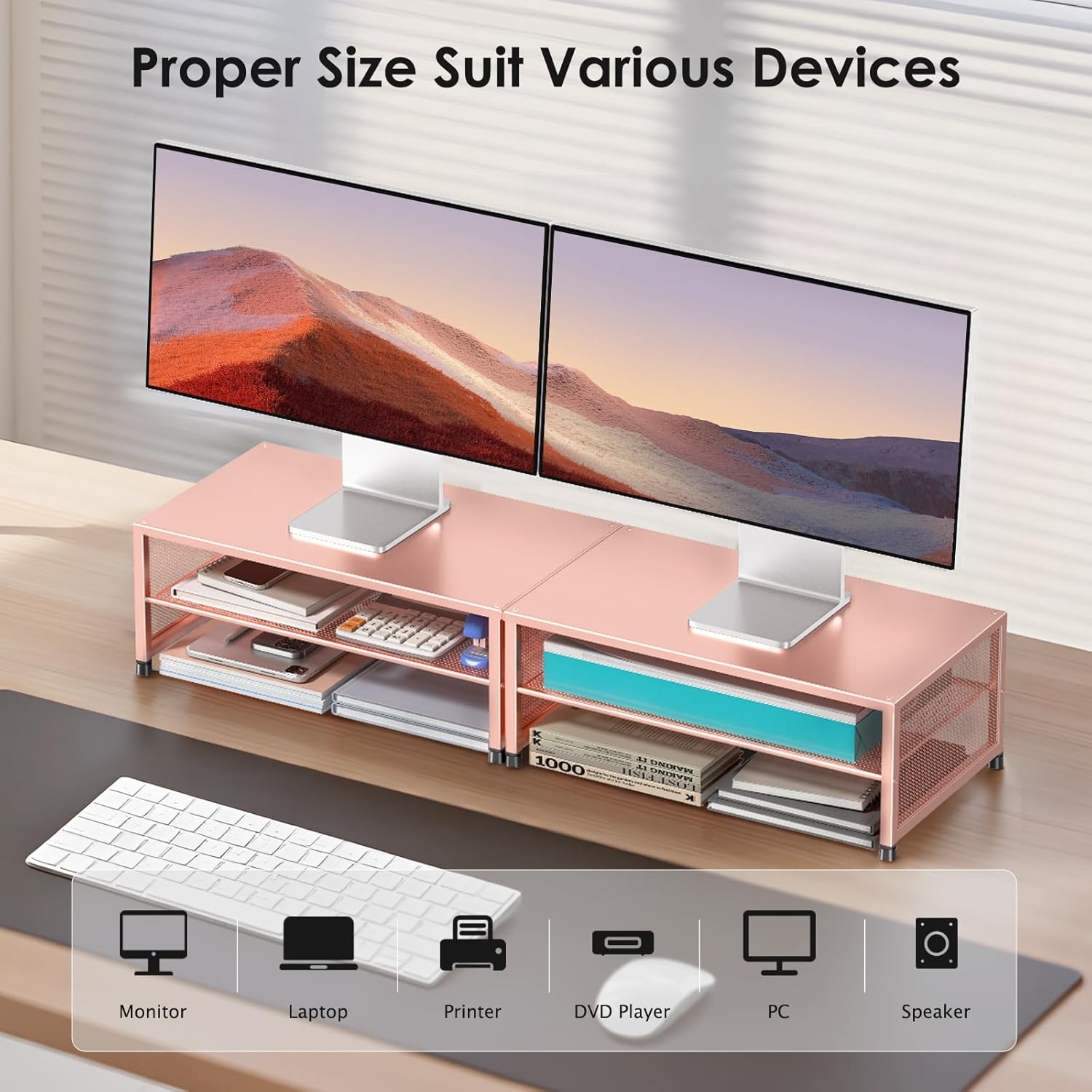 Desk Organizers and Accessories, 2-Tier Metal Computer Monitor Stand Riser, Desk Organizer for Monitor, Printer & Laptop Stand, Desktop Workspace Organizers for Office Supplies(Rose Gold)