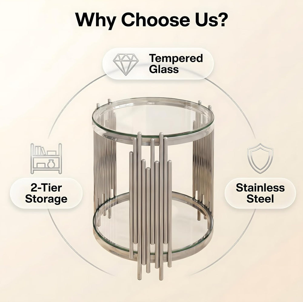 19.7" Luxury Round Silver End Table with 2-Tier Clear Tempered Glass She...