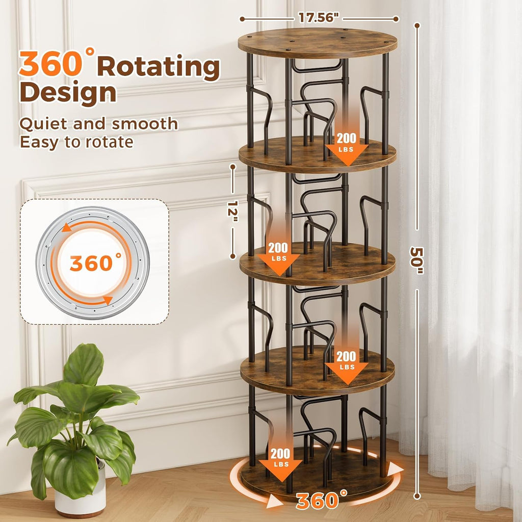 4 Tier Rotating Bookshelf Tower, 360° Display Round Bookcase, Floor Standing Corner Revolving Bookshelf Organizer Storage Rack for Small Spaces, Home Study Office, Black&Brown