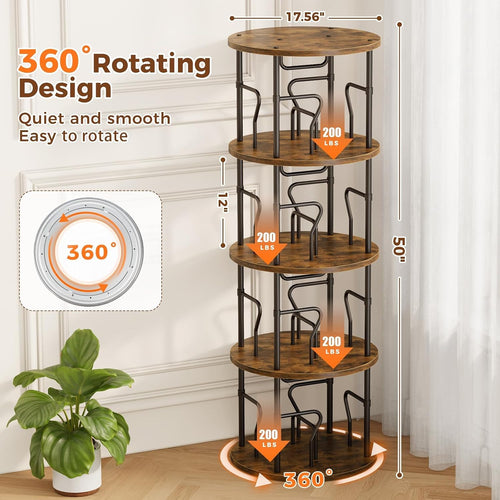 4 Tier Rotating Bookshelf Tower, 360° Display Round Bookcase, Floor Standing Corner Revolving Bookshelf Organizer Storage Rack for Small Spaces, Home Study Office, Black&Brown