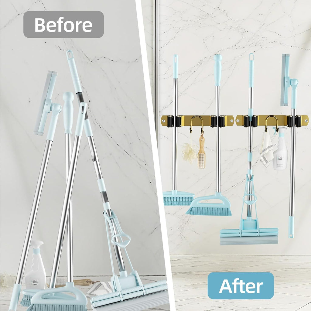 Broom Holder Wall Mount, 2-Pack Stainless Steel Mop and Broom Organizer, Broom Hanger with 2 Slots 2 Hooks for Home Kitchen, Garage, Garden and Laundry Room, Gold