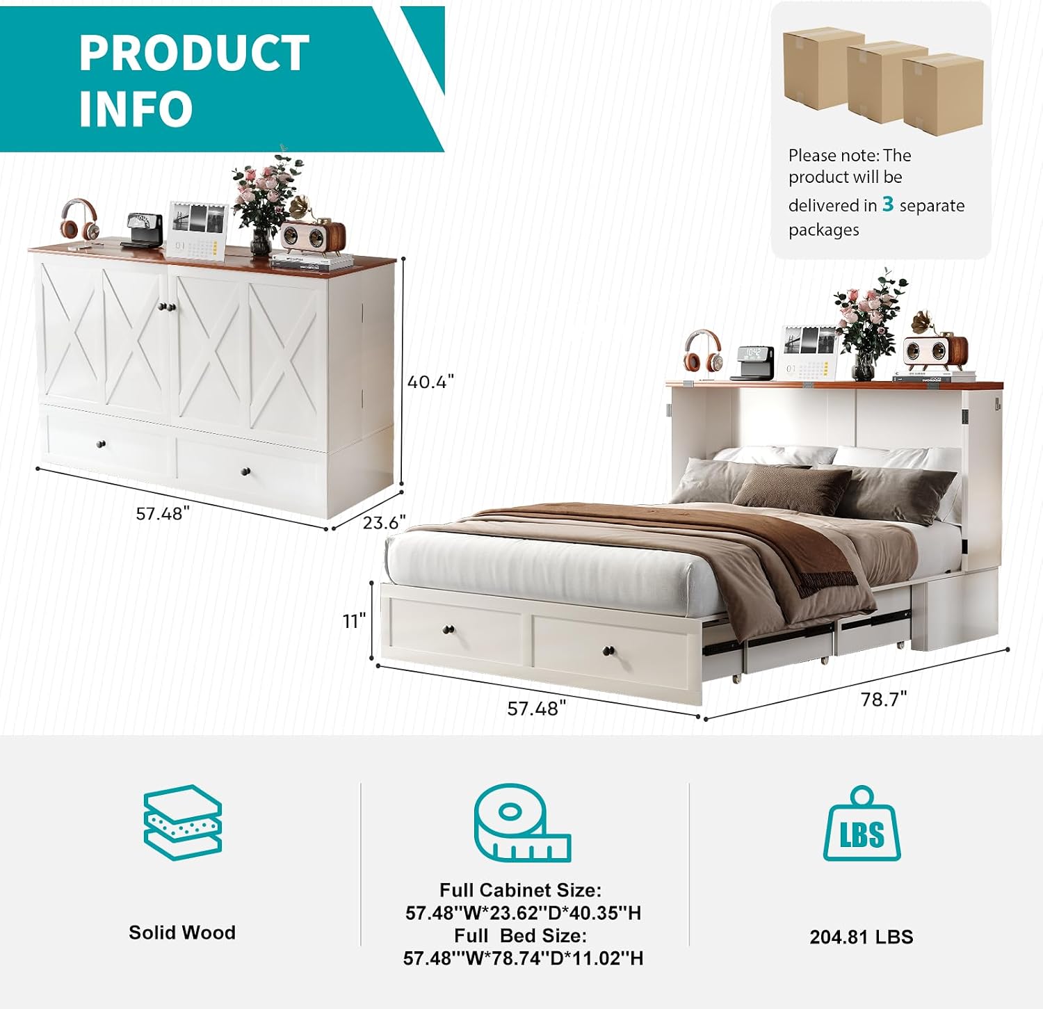 BALUS Full Size Murphy Bed, Murphy Cabinet Bed with USB Charging Station & Storage Drawers, Full Murphy Cabinet Beds for Living Rooom, Apartment, Home Office, Bedroom, No Mattress-White