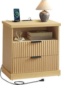 VASAGLE MAXE Collection - Nightstand with Charging Station, Bedside Table, Side End Table with 2 Drawers, Open Shelf, 2 AC Outlets, 2 USB Ports, Transitional, for Bedroom, Oak Beige ULET626Y01S