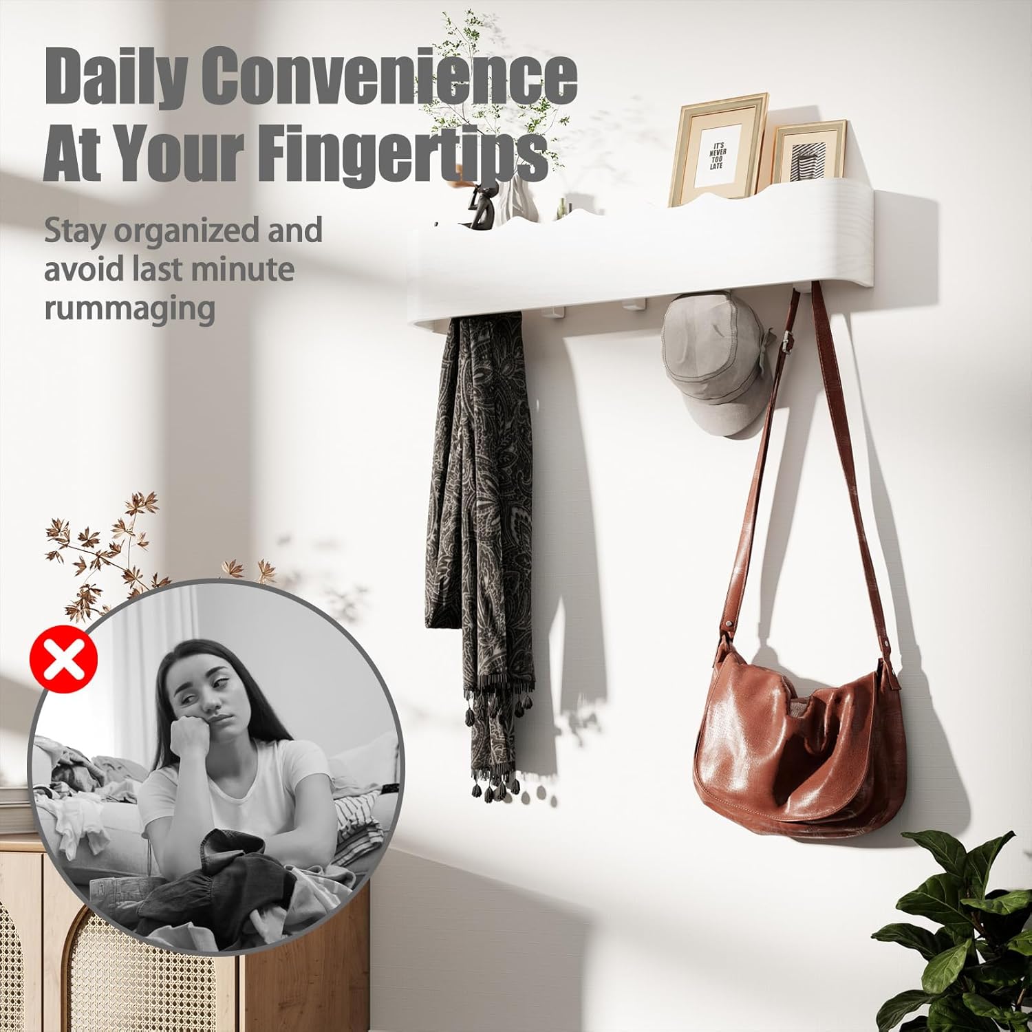 Coat Rack Wall Mount with Shelf 4 Hidden Hooks Modern Wooden Key Holder Entryway Organizer for Hallway Bedroom Bathroom Home Decor Storage for Hanging Coats Hats Bags Towels, Wave-Shape White