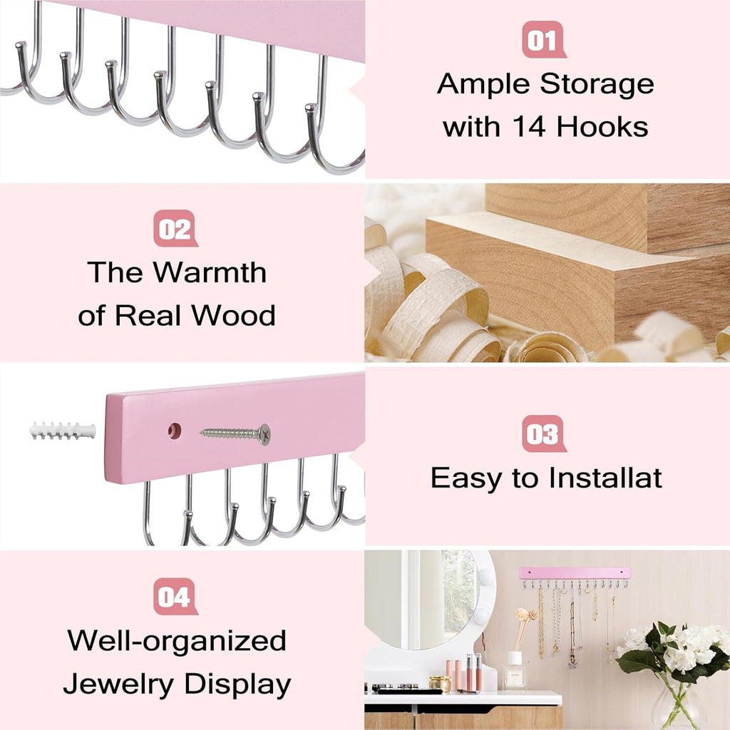 Wall Mounted Necklace Holder, Morden Style Necklace Holder, Tangle Free Wall Jewelry Organizer with 28 Hooks(2 Packs,Pink)