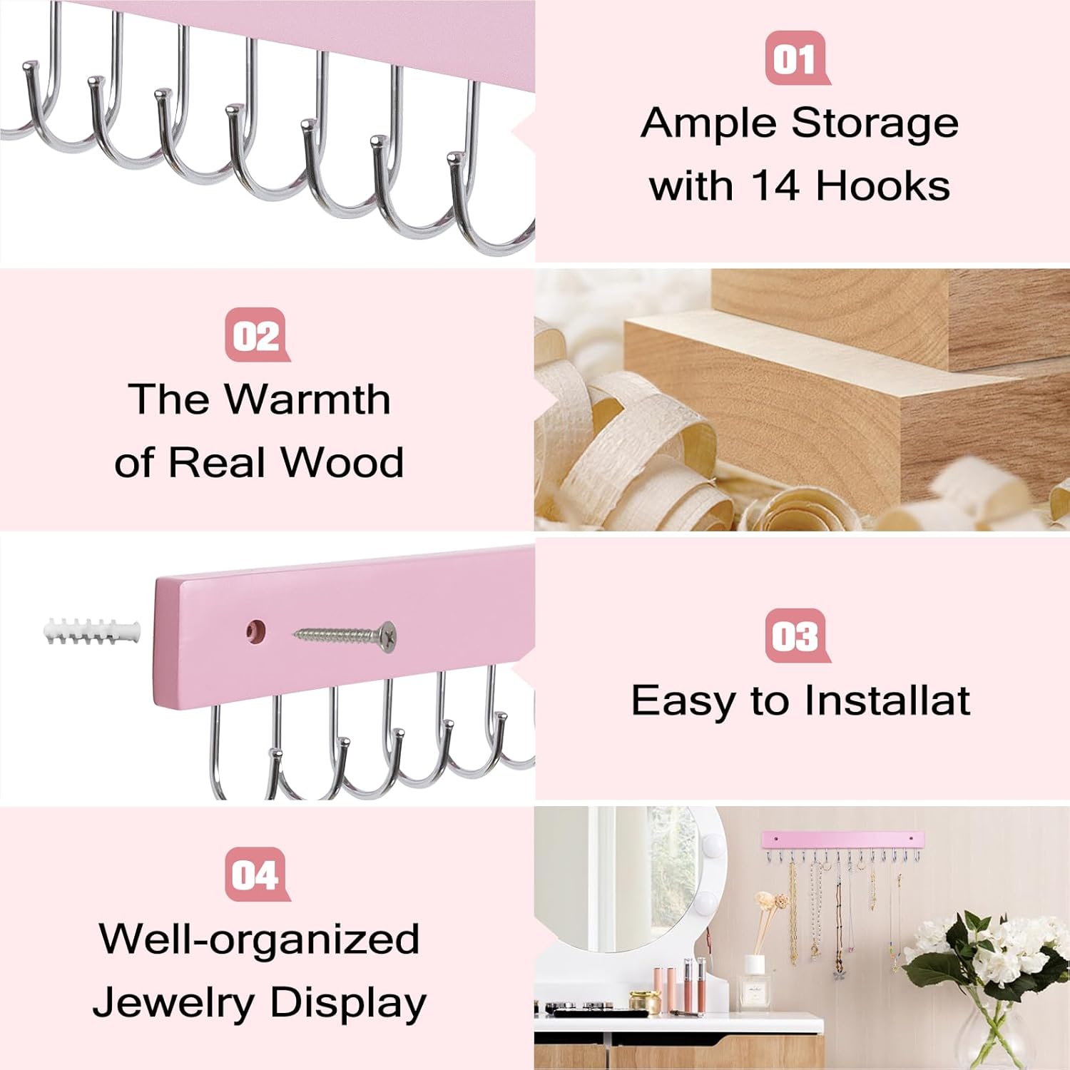 Wall Mounted Necklace Holder, Morden Style Necklace Holder, Tangle Free Wall Jewelry Organizer with 28 Hooks(2 Packs,Pink)