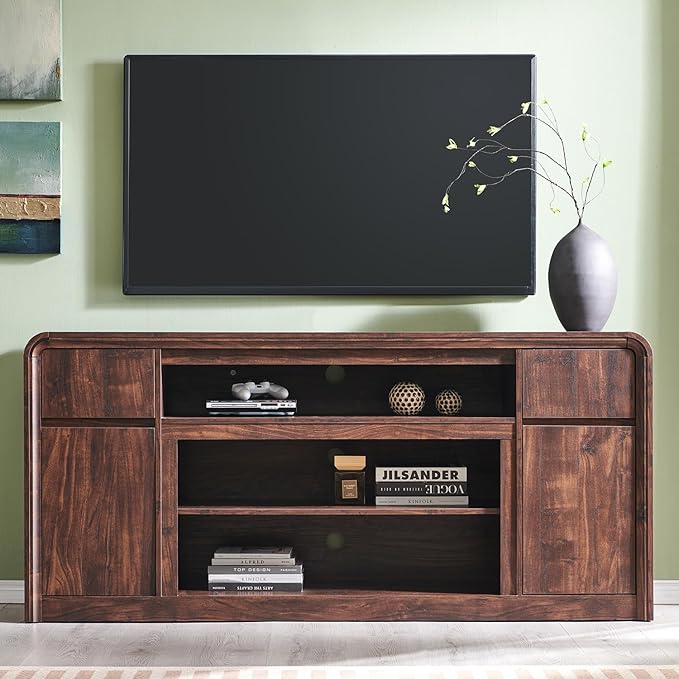 Modern TV Stand for 80 Inch TVs, 32"Tall Entertainment Center w/Storage Cabinet& drawers, Media Console Cabinet w/Soundbar & Adjustable Shelves for Living Room, Curved Profile Design, 70 inch (Brown)