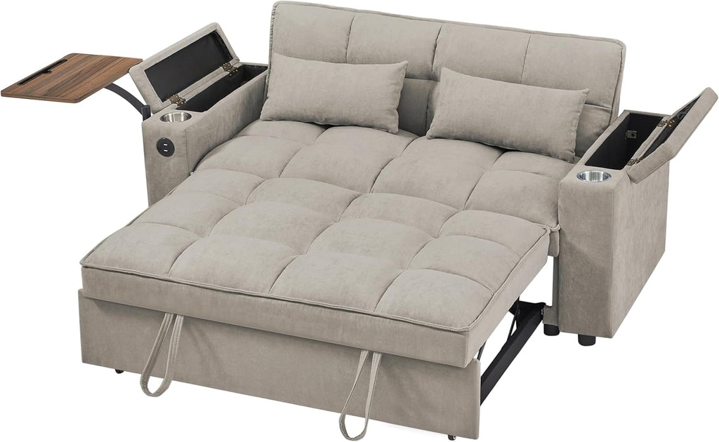 Auvsoce 65'' Convertible Sleeper Sofa Bed with Adjustable Backrest, Chaise Lounge, Side Table & USB/Type-C Ports – Stylish & Functional Addition to Any Living Room (Khaki)