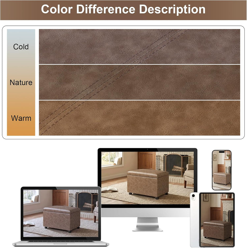 Joveco 24" Storage Ottoman Bench with Wheels, Rectangle Faux Leather Foot Stool for Living Room, Bedroom, Entryway, Earthy Light Brown Veining