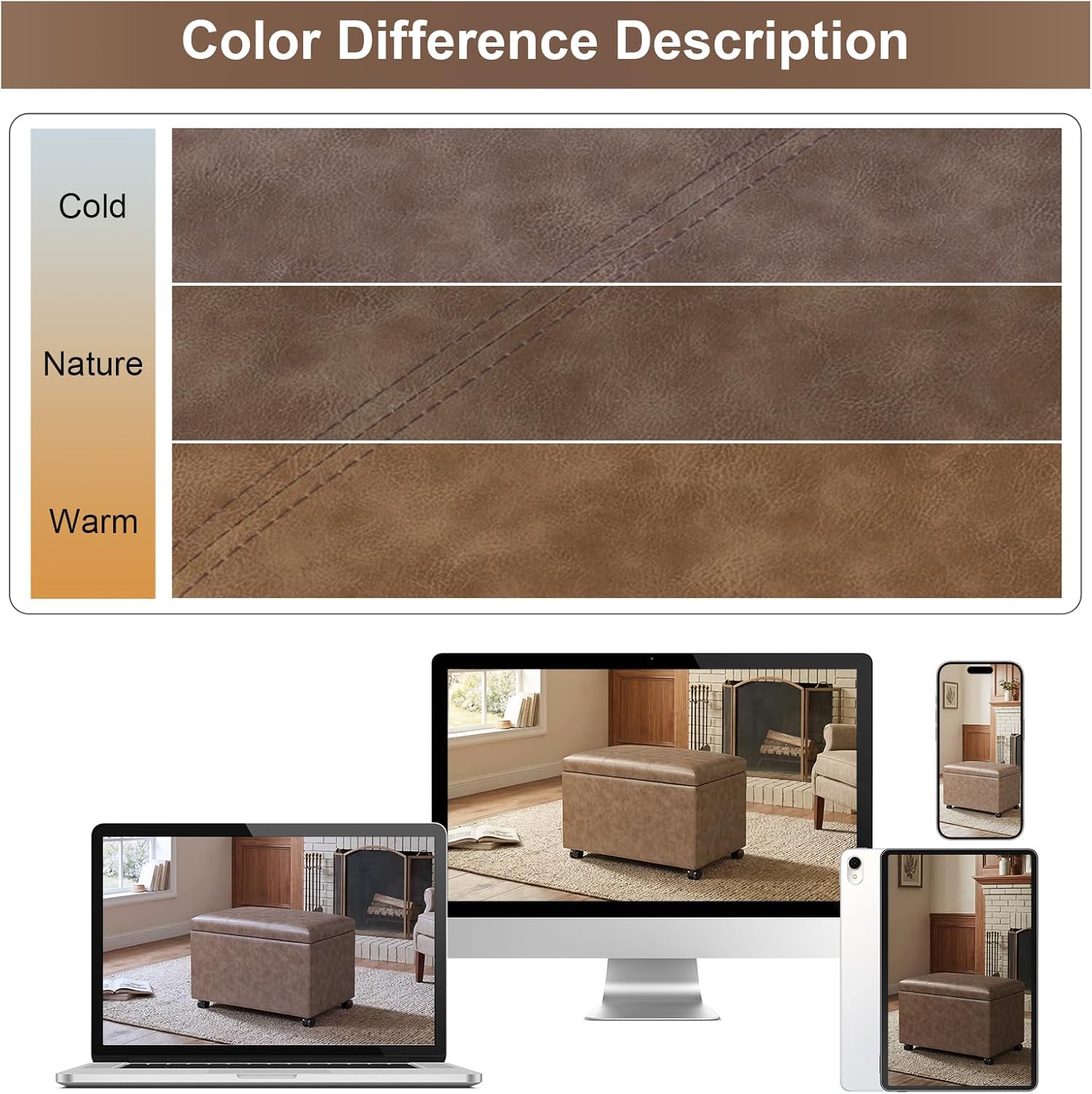 Joveco 24" Storage Ottoman Bench with Wheels, Rectangle Faux Leather Foot Stool for Living Room, Bedroom, Entryway, Earthy Light Brown Veining