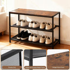 DUMOS 3-Tier Shoe Bench with Storage, Entryway, Mesh Shelves, Rustic Brown | Industrial style, 220 lb seating capacity, stores boots & sneakers, fits entryways & hallways