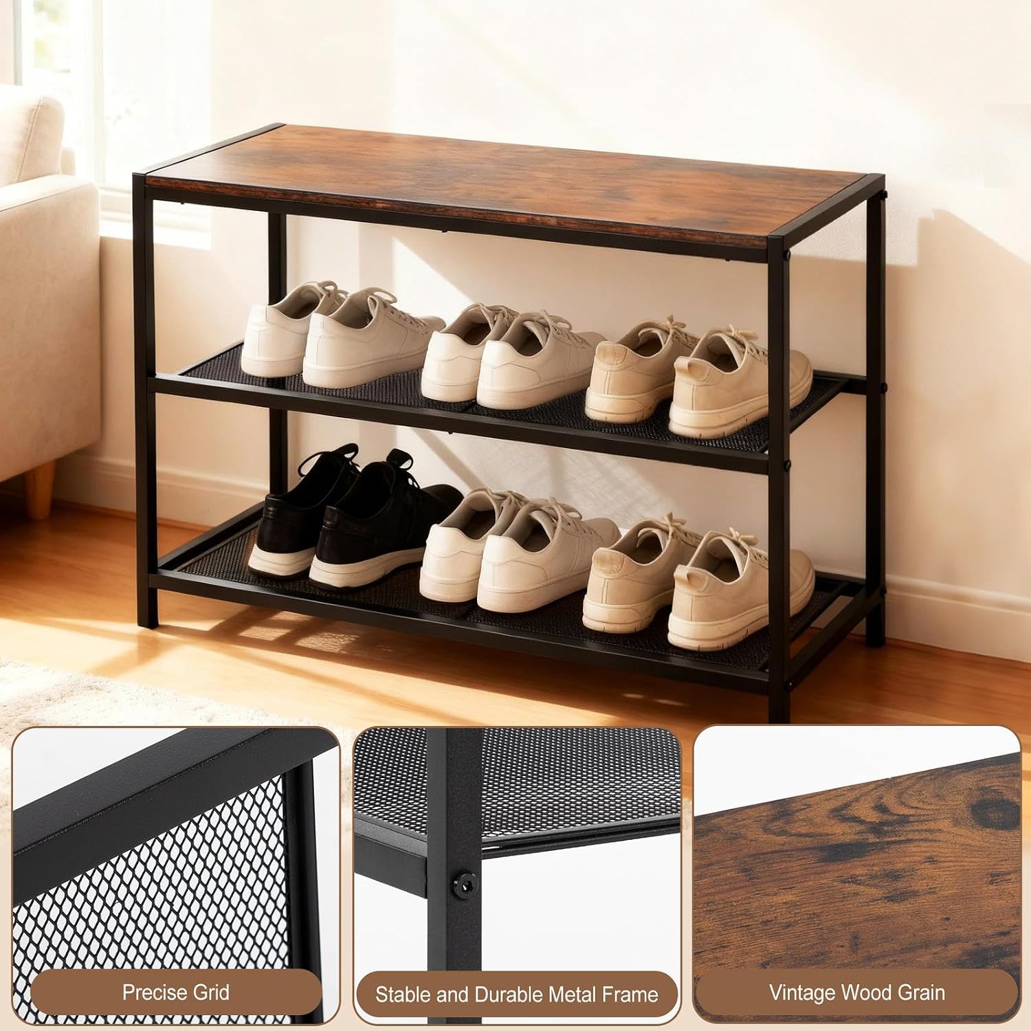 DUMOS 3-Tier Shoe Bench with Storage, Entryway, Mesh Shelves, Rustic Brown | Industrial style, 220 lb seating capacity, stores boots & sneakers, fits entryways & hallways