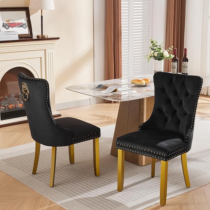 Velvet Dining Chairs Set of 2, Upholstered Dining Room Chairs with Lion Head Pulls Ring and Golden Solid Wood Legs, Modern Button Tufted Kitchen Chairs for Dining Room, Kitchen(Black)